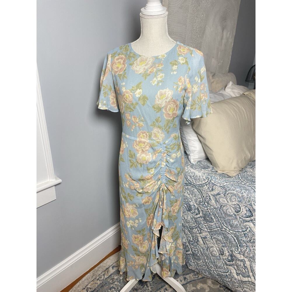Yumi Kim Floral Ruched Midi Dress M Blue Ruffle Hem Cottagecore Romantic Spring - Picture 3 of 8